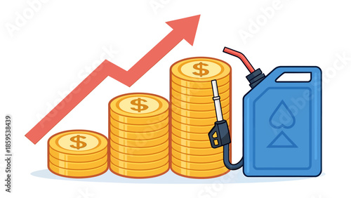 Rising fuel costs and financial growth concept with coins and gas can