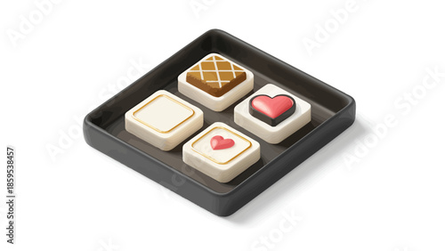 Assorted chocolates in a black tray for Valentine's Day gift