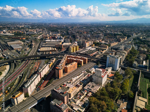 Photography Aerial high angle view of complex highway and railway interchange in Rome, Italy