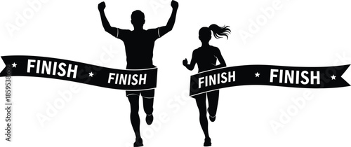 Runners crossing finish line silhouette, race victory vector, athletic competition illustration, sports achievement concept, dynamic motion clipart, celebration moment art