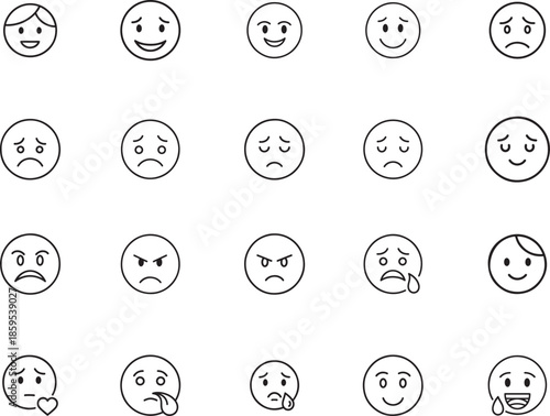 Emoji and Emoticon line art icon collection. Includes line art symbols happy, sad, angry, love, crying and more. Isolated icons. Minimalist icons pack.