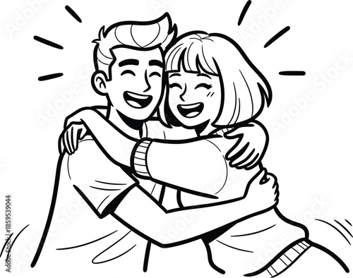 Joyful cartoon drawing of a happy young couple sharing a warm enthusiastic embrace against a white background
