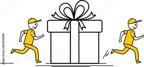 Gift box surprise illustration, delivery service and reward concept, running courier characters, bonus prize idea, customer satisfaction, fast shipping, flat vector