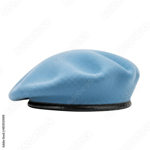 Light blue wool beret with dark trim isolated on transparent background