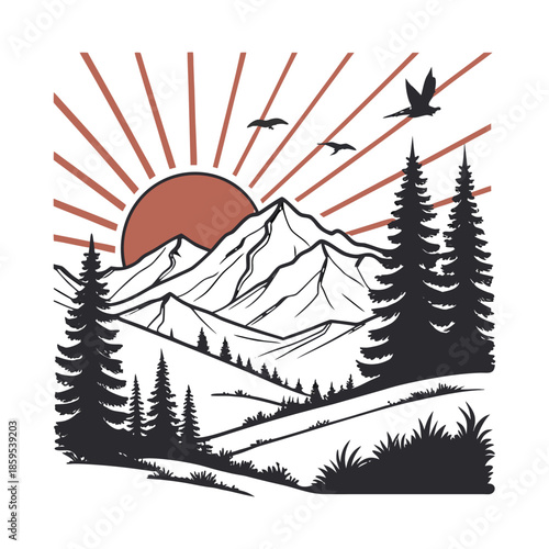 Serene mountain landscape at sunrise with pine trees and birds in flight
