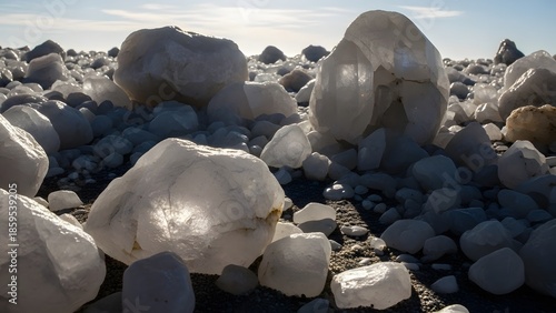 Luminous large chunks of ice scatter across a frosty, rocky landscape.