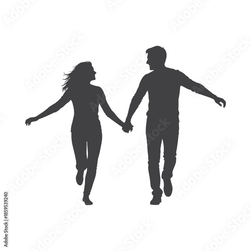 Illustration of silhouette of a romantic couple holding hands and running together in a loving relationship, valentine love silhouette vector
