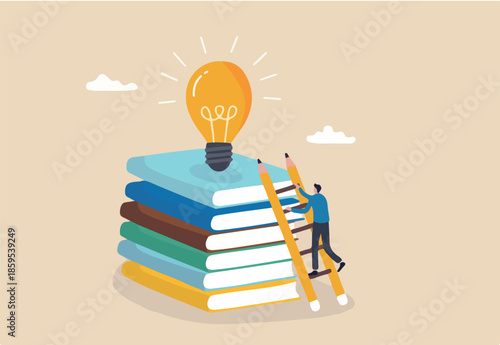 Creativity, knowledge to achieve success, imagination or education to develop skills, inspiration or finding solution concept, young adult man climb up ladder on book stack to find creative lightbulb