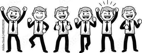 Happy business people illustration set, successful office worker emotions, teamwork motivation concept, corporate celebration, positive attitude, professional success, flat vector