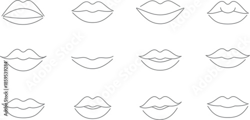 Collection of twelve black line art vector icons illustrating various styles of feminine lips shapes and expressions