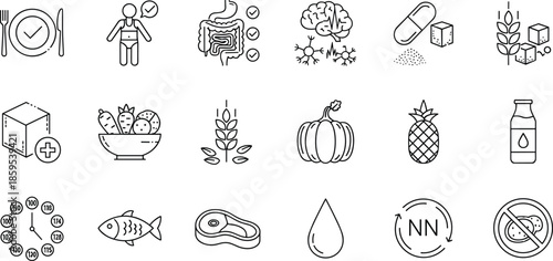 Healthy nutrition icon set illustration, diet wellness and medical food symbols, digestion vitamins hydration concept, organic ingredients, balanced lifestyle, outline flat vector