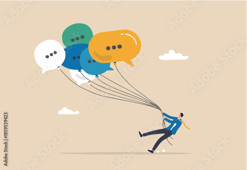 Communication management, PR public relation, handle public comment or social criticism, meeting summary or discussion talk, conversation or dialog concept, businessman manage speech bubble balloons
