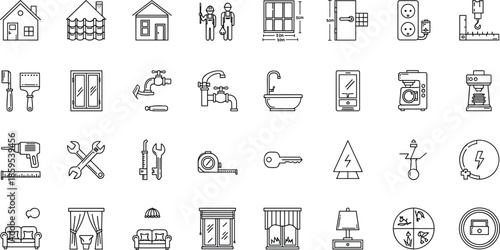 Home construction and repair icons set, plumbing electrical tools furniture windows doors, outline vector illustration for renovation UI UX