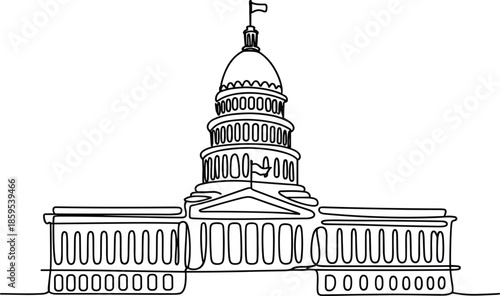 Title: Line of the United States Capitol building with detailed dome and flag on