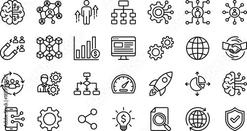 Business technology icons set for digital transformation data analysis artificial intelligence marketing strategy management teamwork growth innovation security global network startup research 