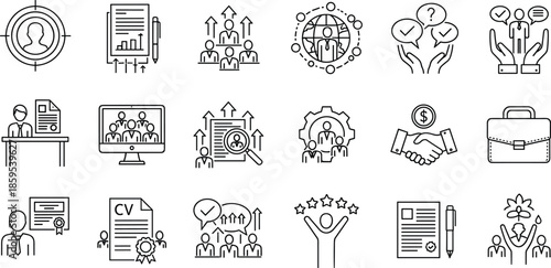 Human Resources and Recruitment Line Icons Set, Hiring Management Teamwork Career Development Business Communication Symbols, Vector Illustration