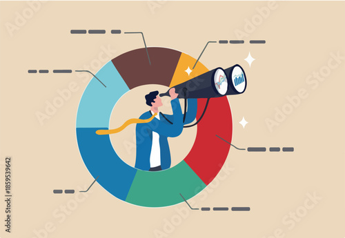 Marketing strategy, data analysis chart and graph, financial forecast or stock market diagram, research data or investment planning concept, businessman on pie chart looking thorough binoculars.