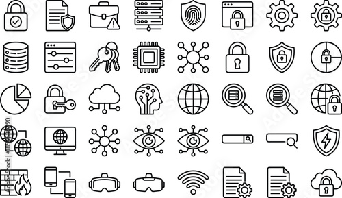 Cyber ​​security and data protection icon set featuring network safety digital privacy firewall encryption cloud storage biometric authentication search engine optimization and global technology 