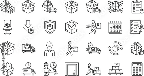 Logistics delivery warehouse icons set, shipping boxes transport tracking inventory supply chain management outline vector illustration system, process operations network