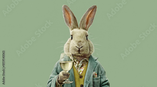 Elegant Anthropomorphic Rabbit Holding a Glass of White Wine, Luxury Lifestyle, Sophisticated Animal Portrait on Soft Green Background