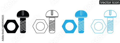 A set of modern bolt and nut icons in various styles and colors for design projects