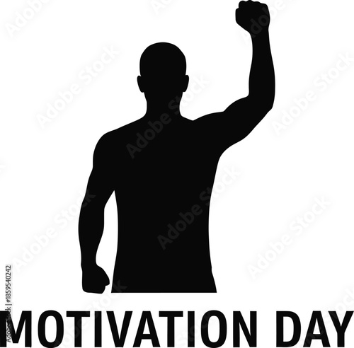 Black silhouette of a powerful person raising a clenched fist in the air symbolizing strength determination and victory for motivation day celebration graphics