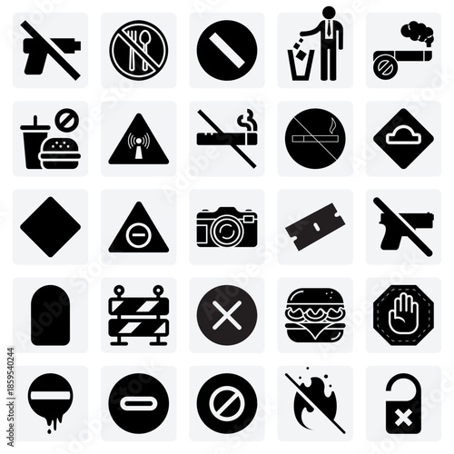 Public Notice And Restriction Symbols – A Collection Of Signs Indicating Prohibited Actions For Informational Design And Wayfinding.
