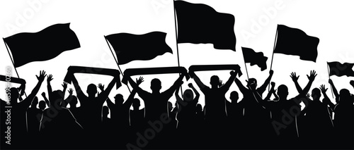 Silhouette of cheering crowd of people with flags and banners at stadium concert or political rally event isolated on white background vector,
