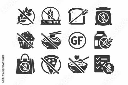 A set of 14 black and white silhouette icons (pictograms) on a white background, dedicated to the theme of “gluten-free.” The icons are made in a simple flat glyph style.