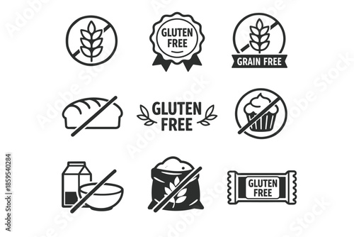A set of 9 black and white line (outline) icons on a white background dedicated to the themes of “gluten-free” and “grain-free.” The icons are designed in a simple, minimalist style.