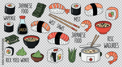Japanese sushi and seafood cuisine doodle collection with rolls nigiri soup and chopsticks