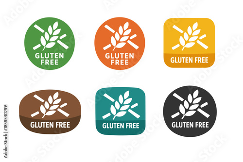 A set of colorful stickers marked “gluten-free.” Each sticker contains a stylized crossed-out wheat ear (a symbol of gluten absence) and the inscription “GLUTEN FREE”: