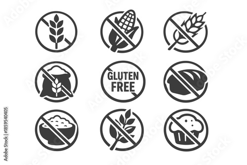 A set of 9 black and white minimalist icons in the form of round badges with a diagonal line (prohibition symbol). They all illustrate products or ingredients that are avoided in a gluten-free diet.