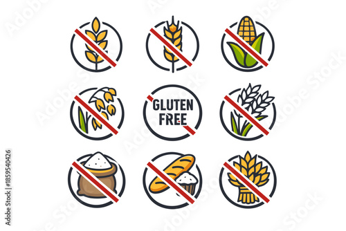 A set of 9 stylized icons in the form of round badges with a red diagonal line (prohibition symbol). They all illustrate products or ingredients that are avoided in a gluten-free diet.