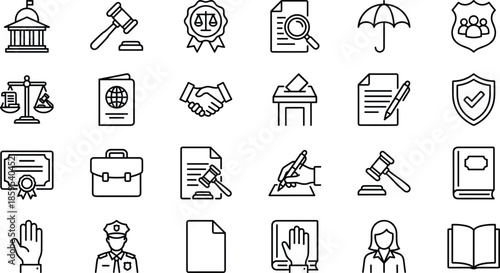 Legal and government icon set featuring courthouse gavel scales of justice passport voting ballot protection insurance contract agreement police officer documents and constitutional law.