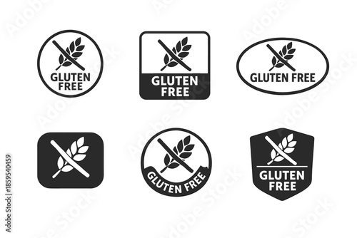 A set of 6 minimalist black and white badges and icons for labeling products as GLUTEN FREE.