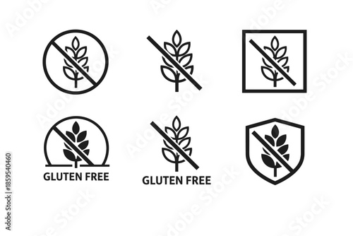Minimalist black-and-white icons (line art style) indicating a gluten-free product. Based on the silhouette of a wheat ear with a line (crossing) symbolizing the prohibition or absence of gluten.