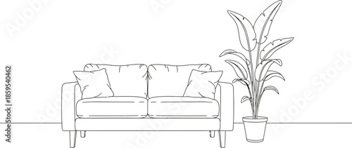 Minimalist line art drawing of a modern couch with a large potted houseplant for interior design