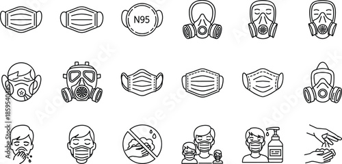 Medical Face Mask and Respirator Line Icons Set, N95 Protective Equipment Healthcare Safety Symbols, Vector Illustration