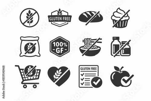 Black and white line icons on the theme of “gluten free,” with crossed-out elements to indicate the prohibition of gluten-containing products or positive symbols to indicate gluten-free approval.