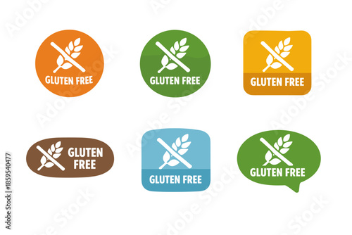 Set of 6 stylized round and oval badges/stickers for labeling products as GLUTEN FREE. 