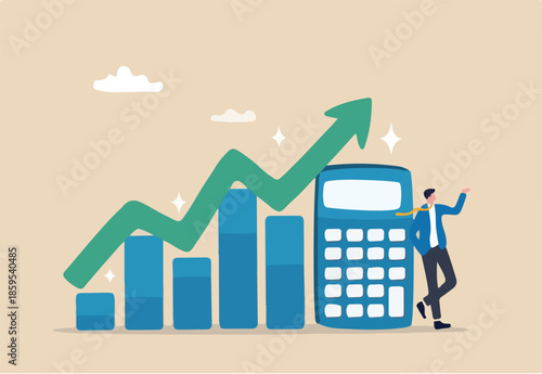 Calculate revenue growth, growing income or investment earning, tax, accounting or profit calculation, financial evaluation concept, businessman with calculator and growth chart diagram growing arrow