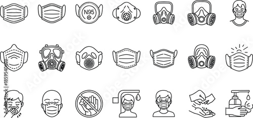 Medical Face Mask and Respirator Line Icons Set, Protective Equipment Hygiene Safety Healthcare Symbols, Vector Illustration