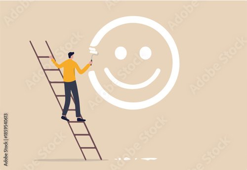 Happiness and positive thinking, optimism or motivation to live happy life concept, happy boy climb up ladder to paint smile face on the wall.