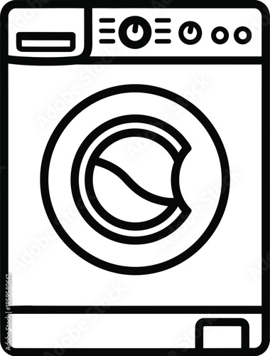 Simple black and white outline icon representing a modern front loading washing machine appliance
