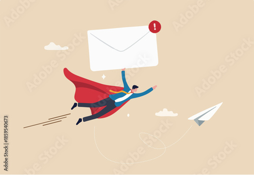 Sending email to communicate with client or customer, subscription newsletter automation, online advertising or mailing list service concept, professional businessman hero deliver big email envelope