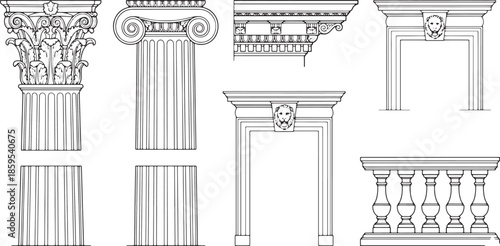 An intricate illustration showcasing a collection of classical architectural elements, meticulously detailed in a clean, elegant style. A study in design.
