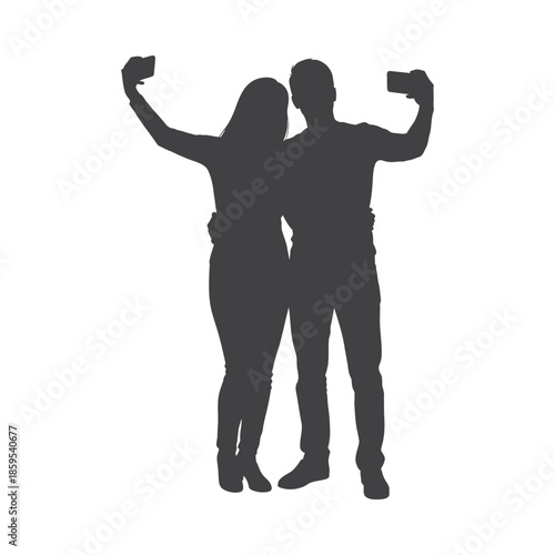 Illustration of silhouette of a man and woman standing together with arms raised in celebration, valentine love silhouette vector