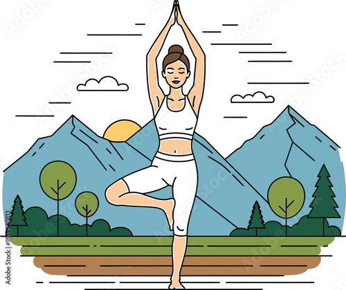 Woman practicing vrikshasana tree pose yoga in serene mountain landscape illustration