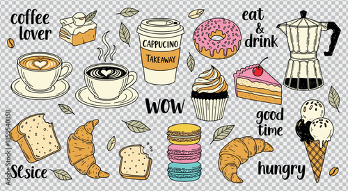 Coffee drinks sweet pastries and desserts collection for cafe and coffee lover